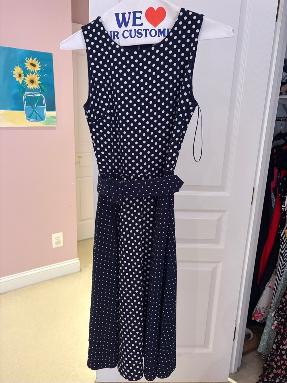 Danny and Nicole Sleeveless Navy Polka Dot Midi Dress with Waist Tie